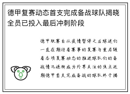 德甲复赛动态首支完成备战球队揭晓全员已投入最后冲刺阶段