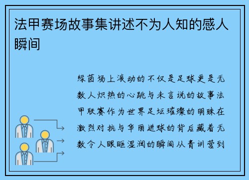 法甲赛场故事集讲述不为人知的感人瞬间